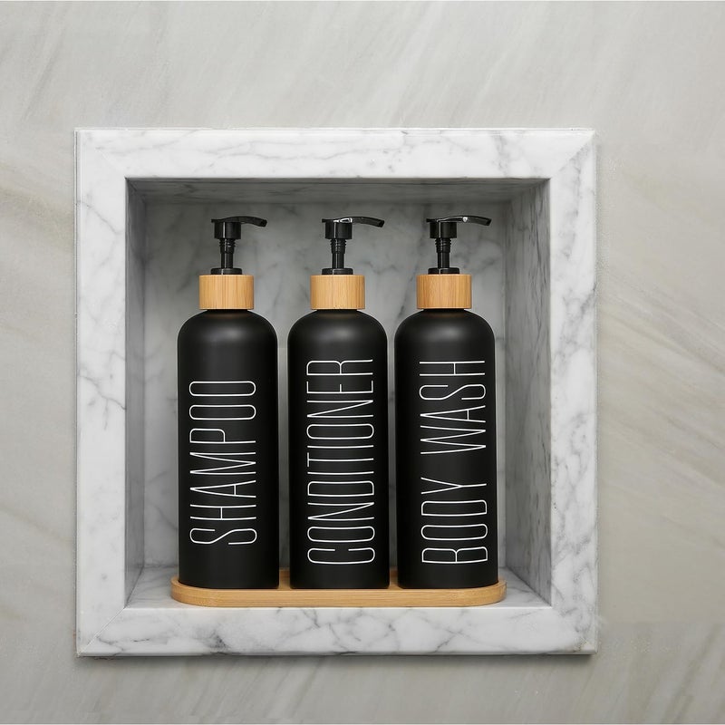 Prus Waso Shampoo and Conditioner Dispenser with Bamboo Pumps & Tray, Perfect for Bathroom Essentials for New Home (Black) - Image 4